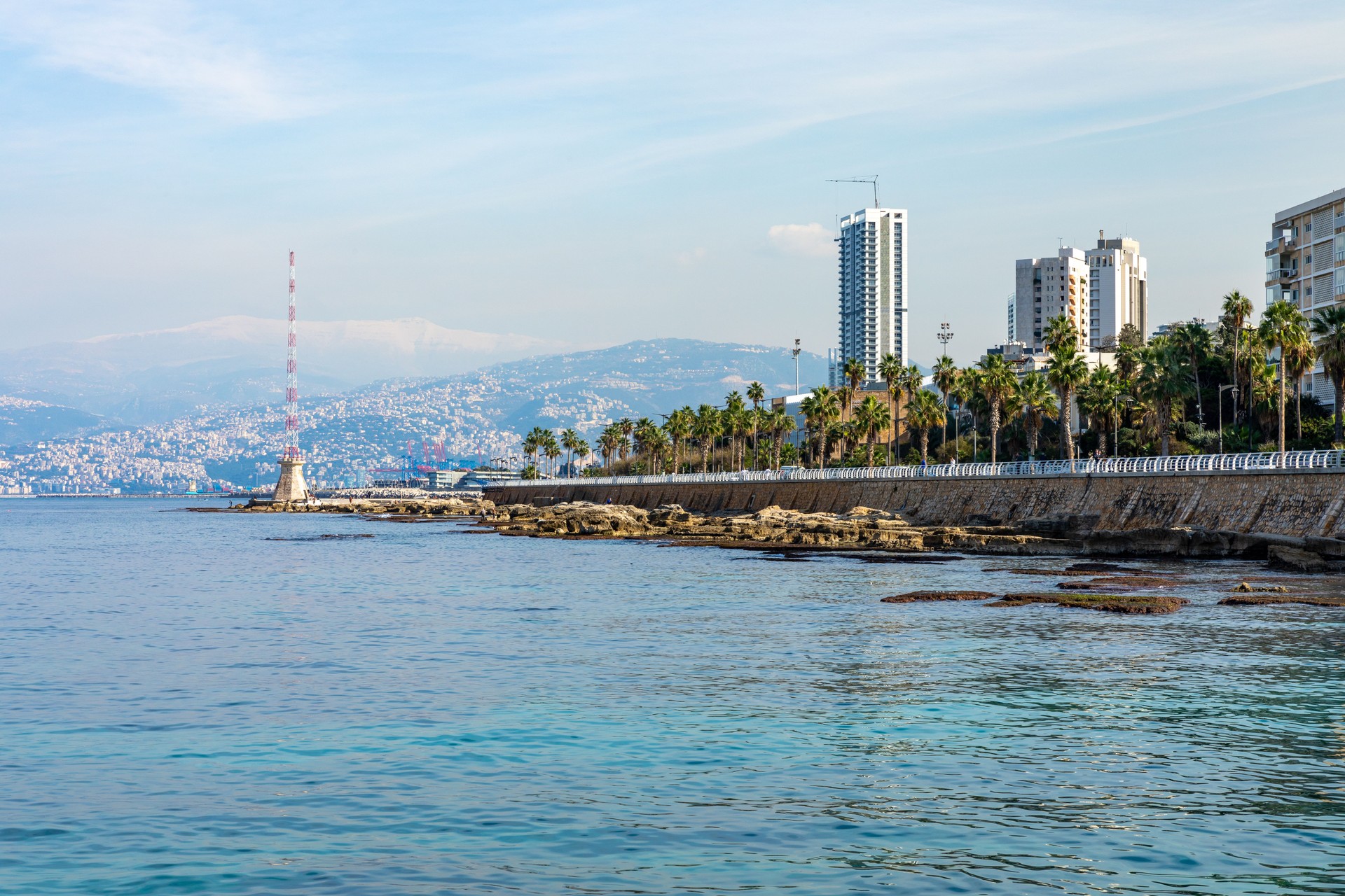 Beirut Corniche Boulevard in the Raouche. Residential and Commercial Neighborhood in Beirut. Lebanon. Popular Tourist Destination in Beirut. Beirut Corniche Boulevard in the Raouche. Residential and Commercial Neighborhood in Beirut. Lebanon. Popular Tourist Destination in Beirut.